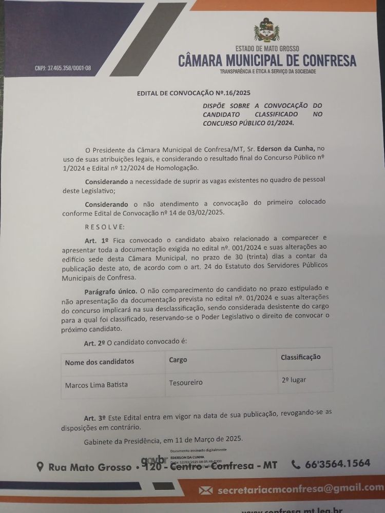 Convoca&ccedil;&atilde;o de servidor atrav&eacute;s do Edital N&ordm;16/2025